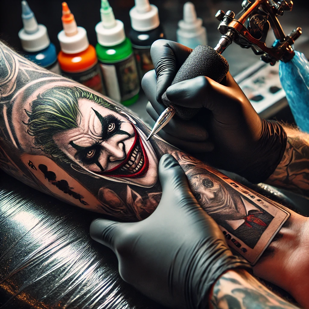 Joker tattoo being tattooed on someone's arm.